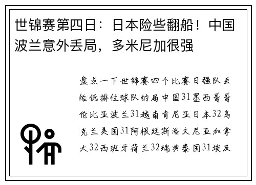 世锦赛第四日：日本险些翻船！中国波兰意外丢局，多米尼加很强